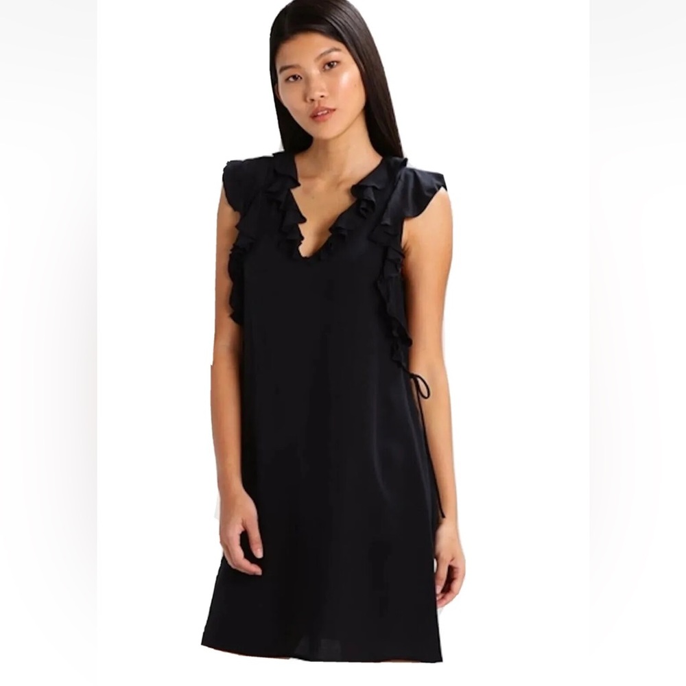 Club Monaco NWT Kiefira Mini Dress in Black, 100% Silk, Ruffles Side Ties, 2
